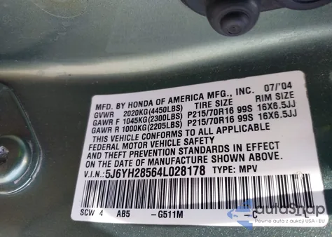 2004 Honda Element Ex z USA, uszkodzony, nr VIN 5J6YH28564L028178